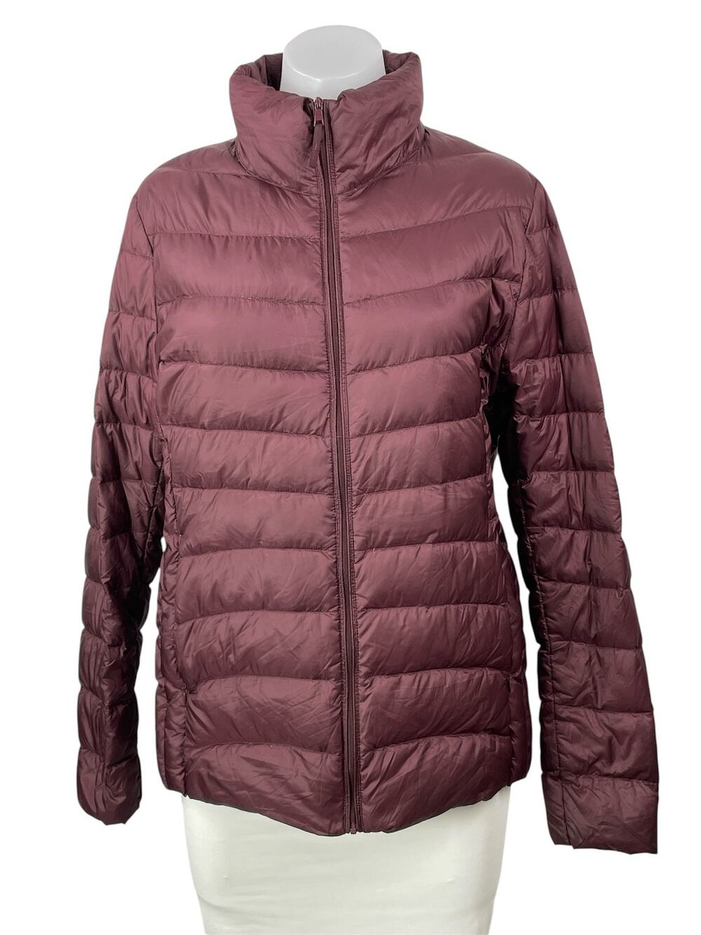 Uniqlo Burgundy Long Sleeves Quilted Ultra Light Down Puffer Coat Jacket Size L
